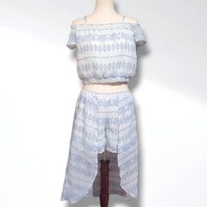 Blue and White Patterned Two Piece Off Shoulder Flowy Dress